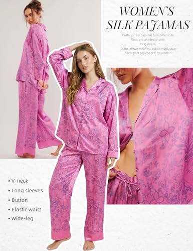 Image of Arssm Satin Pajama Set for Women Silk Pajamas Set 2 Piece Floral Pj Set Long Sleeve Button Down Pjs Sleepwear