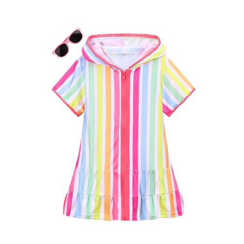 LUCKYGAL Pink Striped Girls Swimsuit Cover Up Kids Swim Coverup Terry Zip-Up Beach Pool Clothes,3t 4t