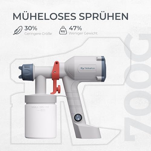 Tilswall HVLP Farbsprühsystem, Ultra-leichte Elektrische Farbsprühgerät mit 600ml Farbbehälter, 2 Düsen & 3 Sprühmustern - Ideales Farbspritzpistole für Möbel, Schränke, Zäune, Wände, Türen, Weiß