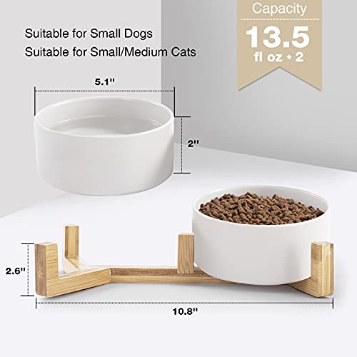 Ihoming Cat Bowls, Puppy Ceramic Food and Water Bowls Set, 1 3/4 Cups X 2, Indoors White Pet Bowls with Wood Stand - Image 3