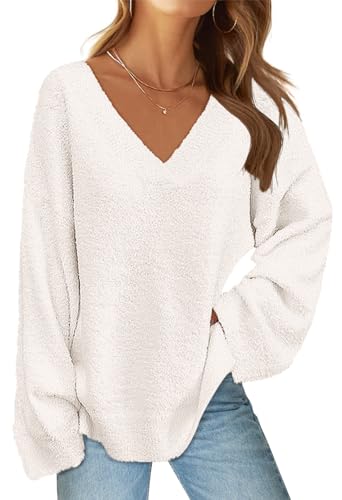 MEROKEETY Sweaters for Women Fall 2025 V Neck Oversized Cozy Chunky Knit Long Sleeve Fuzzy Fleece Pullover Winter Outfits