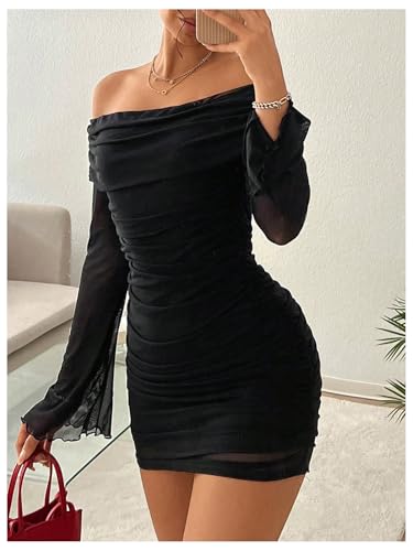 Image of SOLY HUX Women's Ruched Mesh Off Shoulder Bodycon Mini Dress Bell Long Sleeve Club Party Dresses