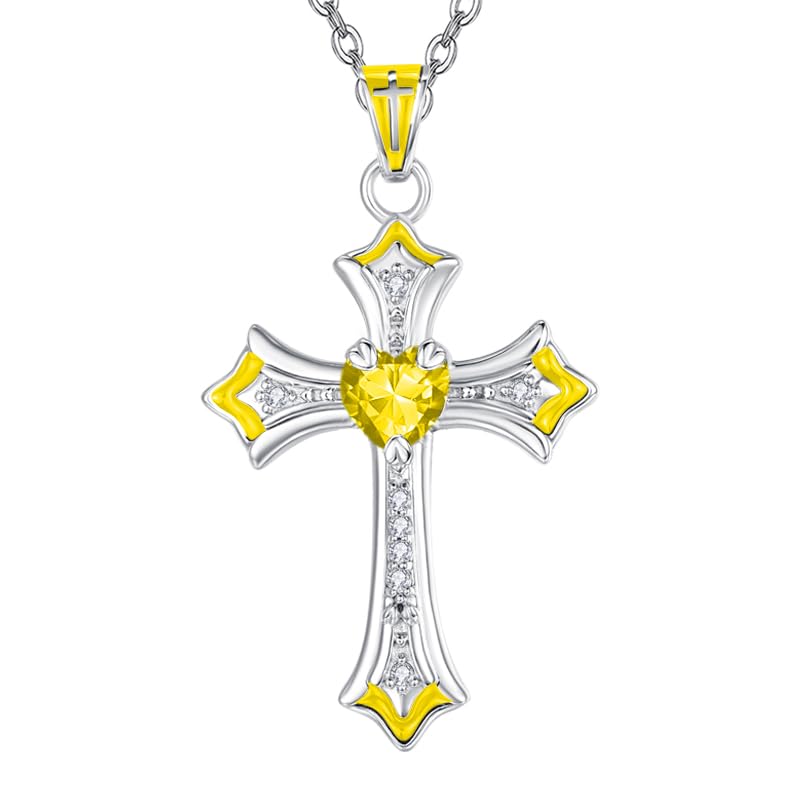 HeartMelody Cross Necklace for Women, Heart CZ Birthstone Pendant Necklace Crucifix, Birthday Gifts for Her, Mom, and Wife, 18K White Gold Plated