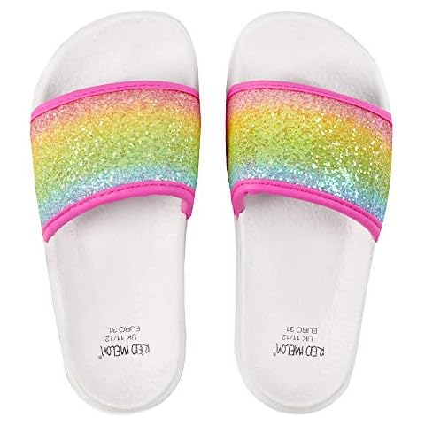 Girls Sliders Rainbow Glitter Holographic Summer Beach Pool Flip Flops Sandals (Rainbow Glitter, 10-11 UK Child) Cover
