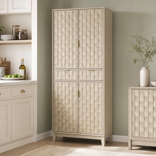 Image of Pantry Cabinet, 71 inch Tall Pantry Cabinet,Modern Kitchen Cabinet with Doors, Drawers & Adjustable Shelves, Freestanding Food Pantry Cupboard with Side Rack for Kitchen Dining Room,Oak