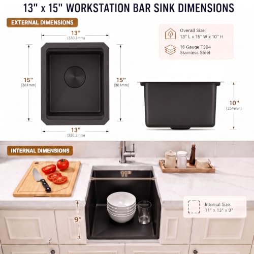 Image of LQS Undermount Wet Bar Sink Black, Undermount Bar Sink Stainless Steel 13 inch x 15 inch, Small 10 inch Deep Single Bowl Kitchen Sinks, Smart Workstation Ledge With Cutting Board For RV, Outdoor and Prep Use