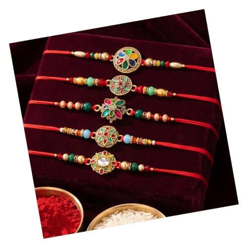 Image of TIED RIBBONS Rakhi for Brother Combo - Set of 5 Kundan Floral Rakhi for Brother Bhaiya Kids Boys Men Bhai with Tikka - Rakhi's for Rakshabandhan