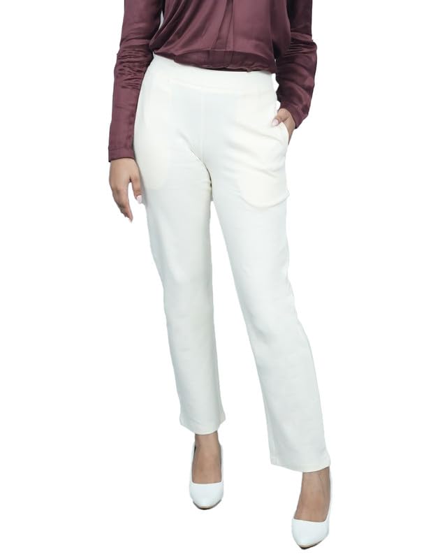Image of Mlada Straight Fit Cigarette Pencil Pants Elastic Waist Band Mid High Waist Formal Office Trousers for Women, Pockets for Travel Stretch Cotton Knit Full Length Regular /Plus Size