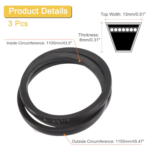 Image of uxcell 3 Pack A43 1 /2 Classic Wrapped V-Belt, 45 inch Outside Circumference Wrapped Industrial Rubber V-Belt A Profile V-Belt for Industrial Machinery Equipment, Black
