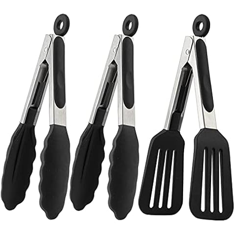 Mini Silicone Serving Tongs 7 Inch Set of 3 - Small Kitchen Tongs with Silicone Tips for Cooking, Serving & Frying - Small Salad Tongs with Stainless Steel Handle, Serving Tongs for Food, Spatula Tong Cover
