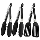 Mini Silicone Serving Tongs 7 Inch Set of 3 - Small Kitchen Tongs with Silicone Tips for Cooking, Serving & Frying - Small Salad Tongs with Stainless Steel Handle, Serving Tongs for Food, Spatula Tong