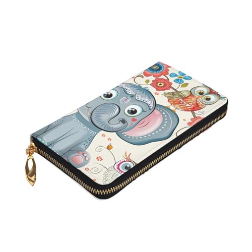 Cartoon Elephant and Owls Floral Printed Long Wallet for Women Men Cute PU Leather Wallet with Coin Purse and Credit Card Holder3