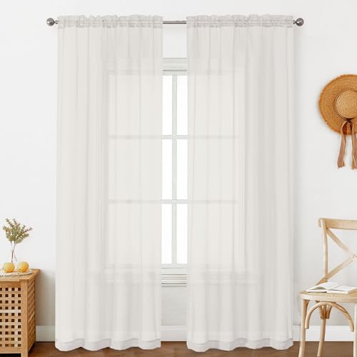 Image of OVZME Ivory Sheer Curtains 90 Inches Long 2 Panels - Soft Light Filtering Window Sheer Panels for Living Room /Bedroom, Top Dual Rod Pocket, 1 Pair, Each 42Wx90L Inches