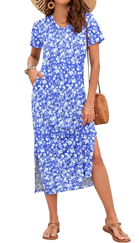 Image of MISFAY Womens Maxi Dress Short Sleeve V Neck Loose with Pockets | Soft stretchy breathable, v neck loose fit, side split hem, two side pockets, casual daily beach vacation travel dress