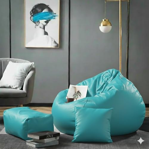 Image of Luxury 5XL Jumbo Bean Bag with Footrest & Cushion | Premium Leatherette | High-Density Beans Filled | Heavy Duty Double Stitch | 6 Months Warranty Color- (Navy Blue) (Aqua)