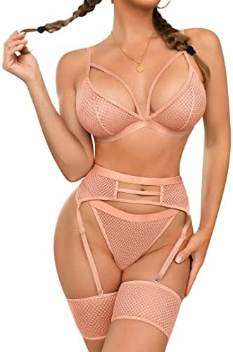 popiv Women's Fishnet Lingerie Sexy Set Lace Bra and Panty Sets with Garter Belt 4 Piece Peachpink