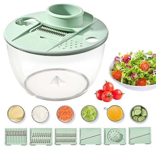 Image of 5L Salad Dryer Bowl Multifunctional Salad Processer Bowl with 6 in 1 Food Processer Blades Large Capacity Salad Dryer Bowl with Crank Handle Kitchen Vegetable Salad Dryer