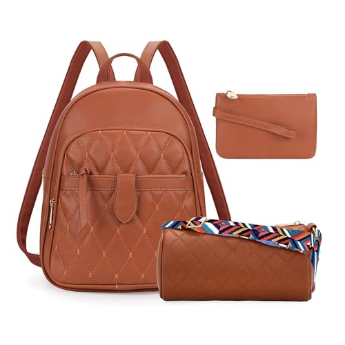 Comfabie women's quilted backpack set, 3 pieces, with matching crossbody bag and wristlet pouch, college bags, office, work, travel, casual daypacks, handbags, purses & clutches (1, Tan)