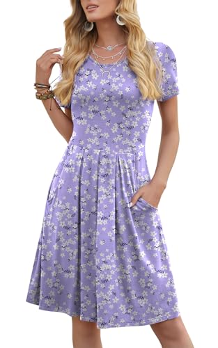 DouBCQ Women's Casual Short Sleeve Pleated Dresses White Floral Purple XL