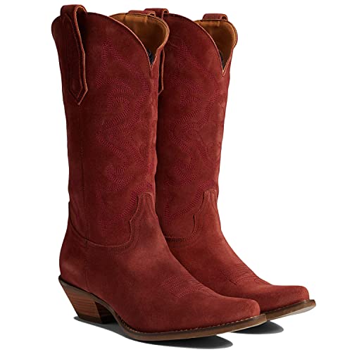 Image of LEHOOR Cowboy Boots Women Embroidered Mid Calf Western Boots Stacked Low Heel Pointed Toe Pull On Cowgirl Boot 4-11 M US