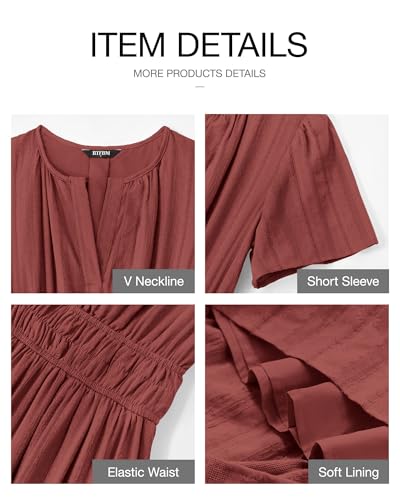 BTFBM Womens Summer 2026 Casual Midi Maxi Dresses Lightweight Short Sleeve V Neck Elastic Waist Boho Beach Dress Pockets(Brown Red, Large) — view 4