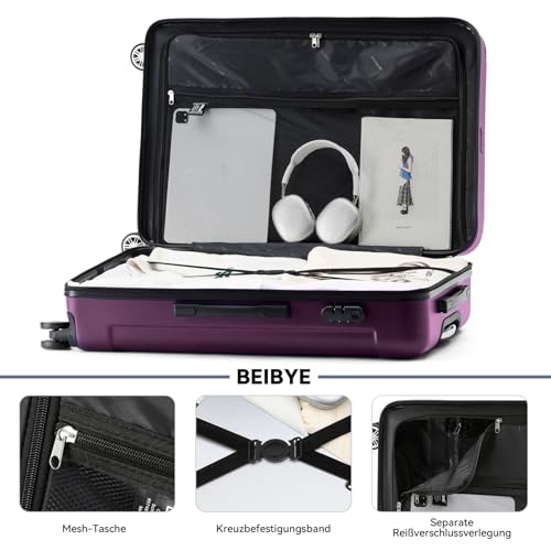 BEIBYE BEIBYE Hartschalen-Koffer Trolley Rollkoffer Reisekoffer Handgepäck 4 Rollen (M-L-XL-Set) (Violett, XL)