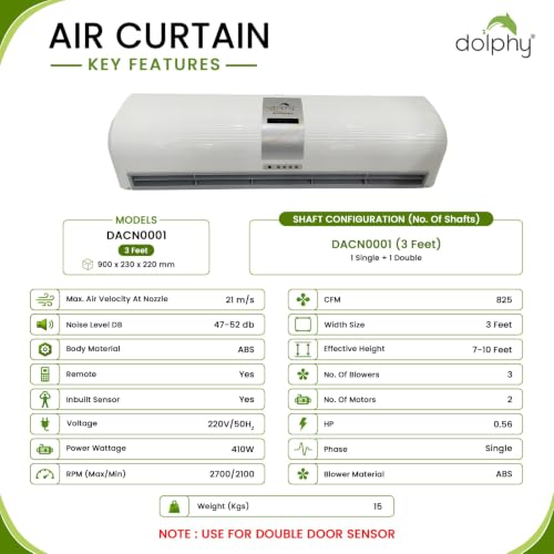 Image of DOLPHY Air Curtain with Double Door Sensor & Remote - 410 W [Size : 3 Feet]