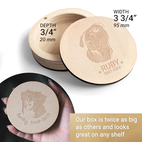 Image of Personalized Pet Hair Keepsake Box for Dog and Cat Fur - Engraved Wood Memorial Box - Unique Customized Gift for Loss of Furry Friend Wooden (Light Round Wood /Acrylic Lid, With Photo)