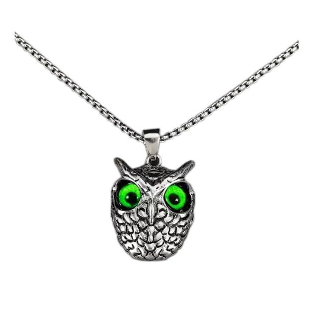 Mens Womens Vintage Stainless Steel Charm Night Owl Pendant Necklace with Green Eyes Protection Symbol Jewelry Nazara Protection Jewellery Silver Chain Pendant-image-13