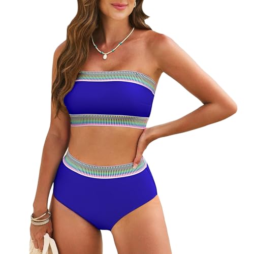Pink Queen Tube Top Bikini Sets for Women Removable Strap Pad Color Block Two Piece Swimming Suit Swimwear Medium Sapphire Blue