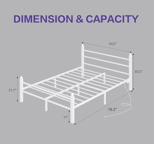 CollaredEagle Bed Frame with Headboard and Footboard,Heavy Duty Steel Slats Support Metal Bed Frame with Charging Station (Classic White, Full)