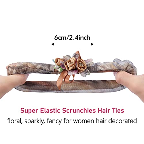 5 Pack Rose Flower Rhinestone Glitter Sparkly Hair Bows Elastics Bands Bobble Hair Ties Ring Stretchy Rubber Hairbands Fluffy Floral Headbands Scrunchies Ponytail Holder Accessories For Women Girl #TOP3