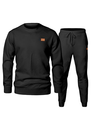 JMIERR Mens Knit Jacquard Outfits Track Suits 2 Piece Set Long Sleeve Pullover Sweatshirt & Running Joggers Sweatpants, Fall Tracksuit Sweatsuits Matching Lounge Sets, 2XL, Black