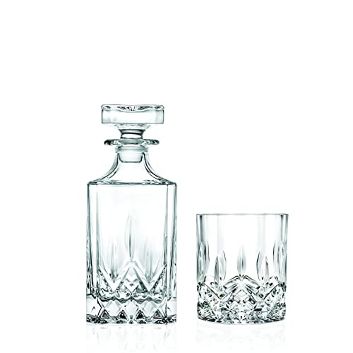Whiskey Decanter And Tumbler 7 Pc Set - Glass - For Whiskey , Liquor , Scotch , Bourbon - 25 Oz. Square Decanter With 6 - 10 Oz. Double Old Fashioned Tumblers- By Barski - Made In Europe #TOP1