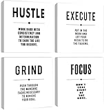 Hustle Execute Grind Focus White Motivational Canvas Wall Art,Abstract Inspirational Office Quotes Paintings Framed Wall Art for Living Room Bedroom Dinning Room Home Decor-12 x12 x4pcs