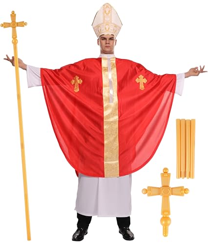 Maxim Party Supplies Adult Pope Halloween Costume Biblical Catholic Cardinal Bishop Outfit for Men Includes White Robe, Red Papal Poncho, Hat