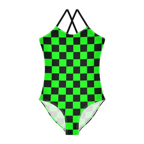 Black Green Squares Girls One Piece Swimsuits Sport Halter Swimwear Beach Bathing Suit 9-10T