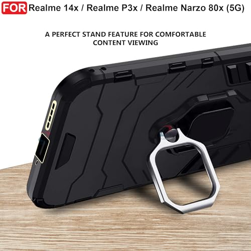 Image of CEDO Kickstand Cover for Realme 14x / Realme P3x / Narzo 80x (5G) Rugged Case | Built-in Stand Rotating Ring Holder | Military Grade Armor Bumper Back Cover (Black)