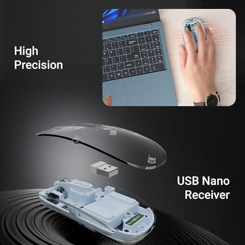 Image of ZEBRONICS Sheer Rechargeable Wireless Mouse, Dual Mode (2.4GHz + BT), Dual Bluetooth, Silent Operation, Transparent Body, RGB, Battery Indicator, for Mac | Laptop | Computer (Blue)