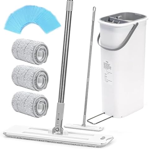 Floor Mop and Bucket Set, Hands Free Mops for Floor Cleaning, 3 Washable Microfiber Pads, Wet and Dry Use, Perfect for Kitchen Bathroom Cleaning Cover