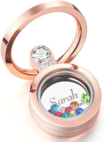 Personalized Customized Name Initial Cell Phone Ring Holder Rose Gold for Amber, Living Memory Locket with Crystal, DIY Unique Gifts for Girls Women