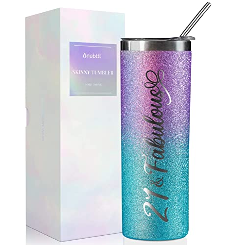 Onebttl 21st Birthday Gifts for Women, Girl, Her - 21 and Fabulous -20oz/590ml Stainless Steel Insulated Glitter Tumbler with Straw, Lid, Message Card - (Purple-Blue Gradient)