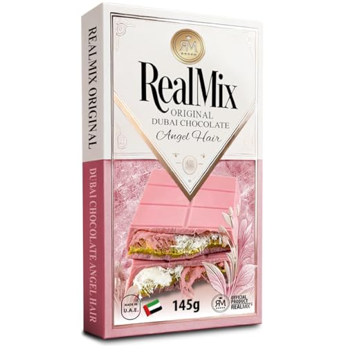 REALMIX Chocolate con Leche Dubái directamente desde Dubái EAU | Auténtico chocolate con leche Dubái con pistachos y relleno de Kunafa | Fabricado en Dubái E.A.U. | (145 gramme, Rosa)