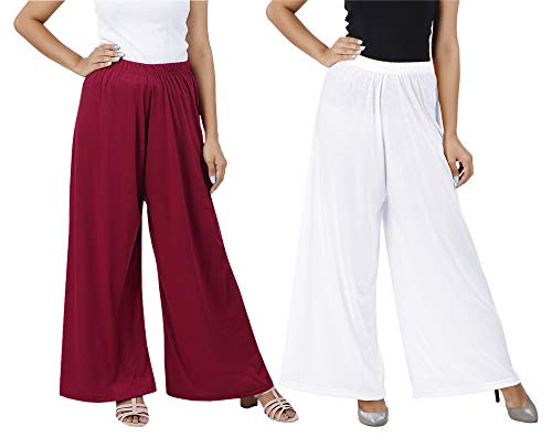 Image of Buy That Trendz M to 4XL Cotton Viscose Loose Fit Flared Wide Leg Palazzo Pants for Women Maroon White Combo Pack of 2