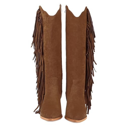 Image of KiutSymo Cowgirl Fringe Boots For Women White Tassels Cowboy Boots Knee High Pointed Toe Western Boots