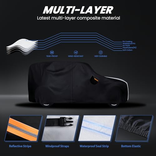 Image of Multi-Layer Car Cover Custom Fit for Ford Bronco 4dr(2020-2026), 100% Waterproof All Weather for Automobiles, Gift with Towel, Heavy Duty Car Covers for Rain Sun UV Protection with Door Zipper