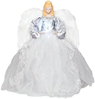 Angel Figures Exclusive Angel Tree Topper Dressed in Elegant White and Silver Gown and Holds an LED Star, 16-Inch