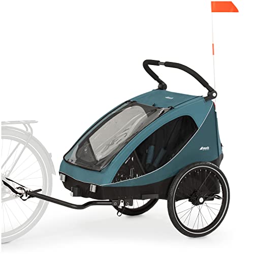 hauck Remolque Bicicleta Niños 2 Plazas Dryk Duo - Carro Bicicleta Completo desde 6 Meses hasta 22 kg - Enganche Incluido, Silla de Paseo Gemelar Maletero XL - Plegable - Petrol