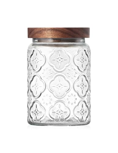 PENGSHU Vintage Glass Jar with Wood Lid - Christmas Airtight Canisters for Kitchen Countertop Bathroom, Storage Candy, Cookie, Coffee, Apothecary, Sugar, Flour,Pet Treat (Begonia, 24oz/700ml)