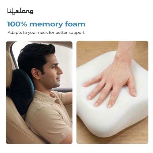 Image of Lifelong Car Neck Pillow for Driving | 100% Memory Foam Headrest Cushion, Cervical Neck Pain Relief | Ergonomic Support, Adjustable Strap, Breathable Washable Cover & Universal Car Fit (LLNR01)